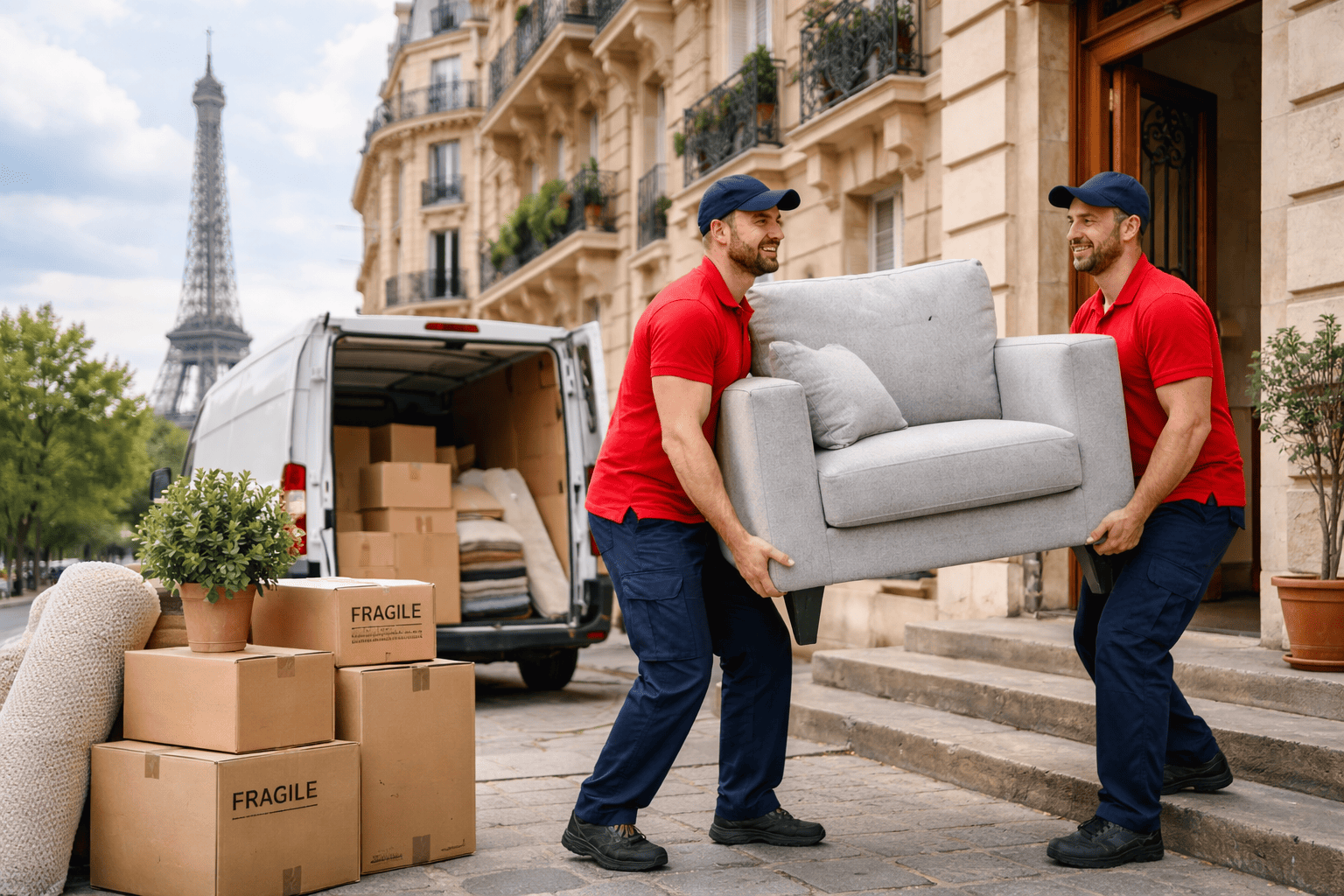 Transport canape convertible demenagement parisien vue sur tour eiffel