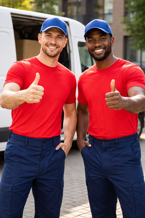 Accueil demengeurs souriants devant camion