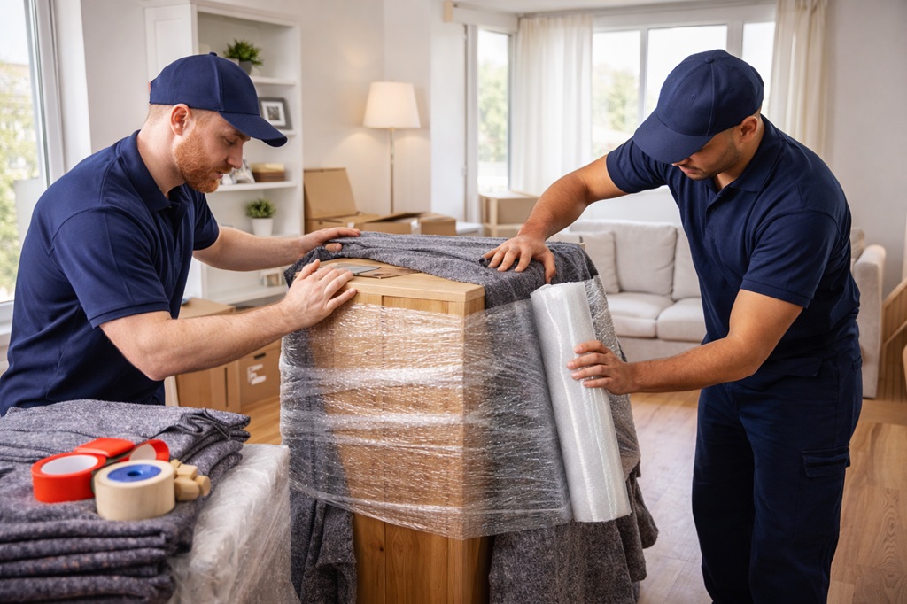Transport meuble distance demenageurs emballant un meuble